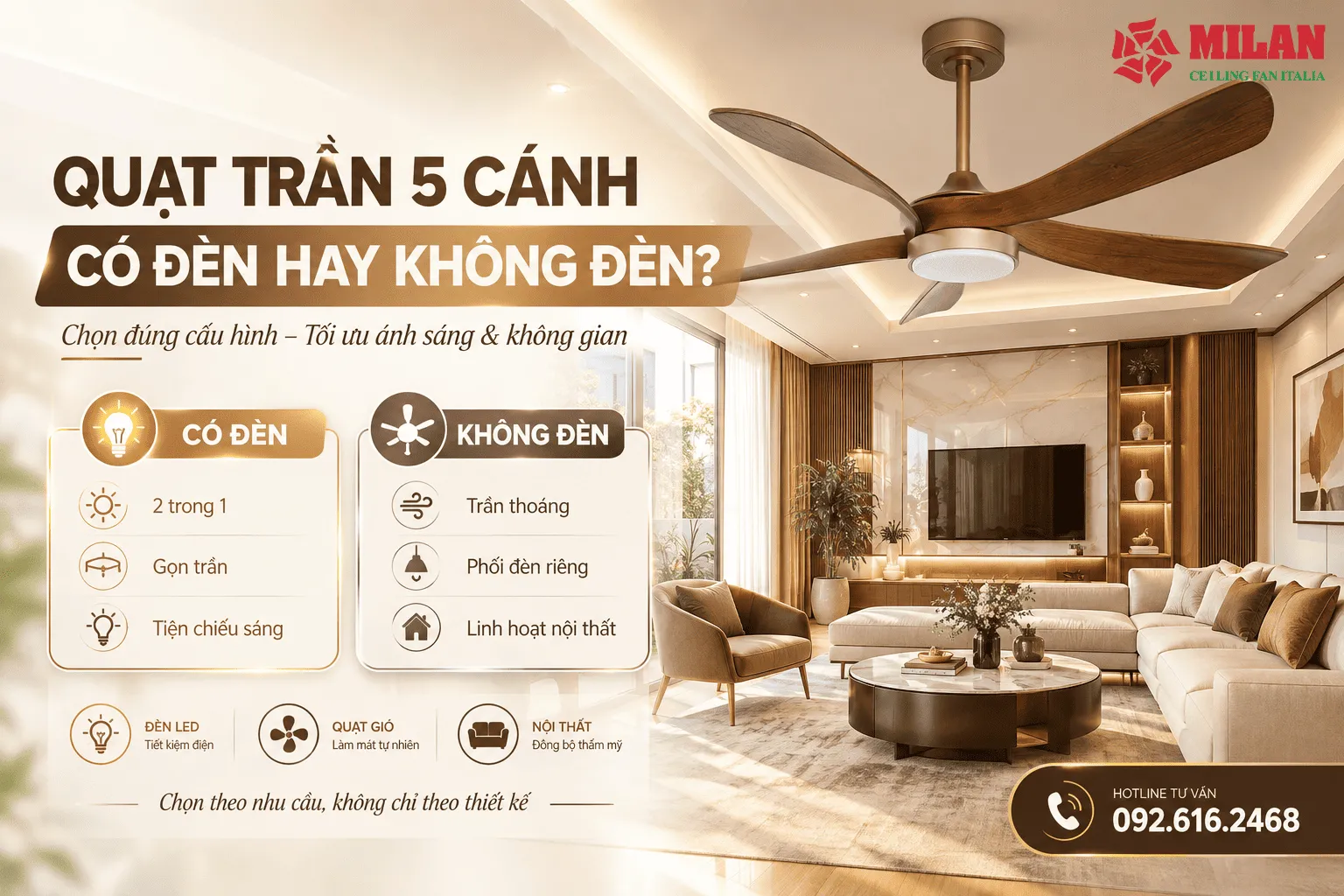 quạt trần 5 cánh có đèn hay không đèn
